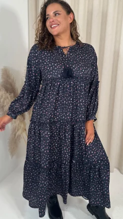 CurveWow Frill Tiered Maxi Dress Black Ditsy