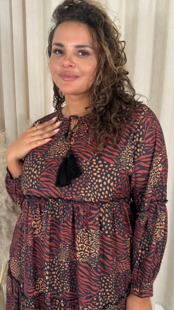 CurveWow Frill Tiered Maxi Dress Rust Mixed Animal