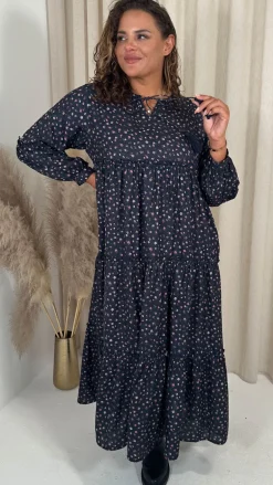 CurveWow Frill Tiered Maxi Dress Black Ditsy