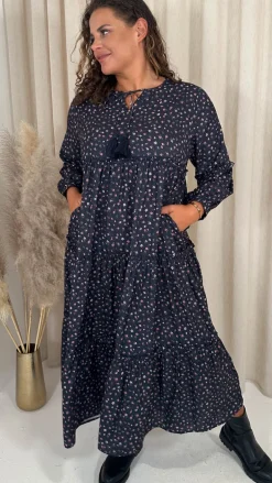 CurveWow Frill Tiered Maxi Dress Black Ditsy