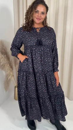 CurveWow Frill Tiered Maxi Dress Black Ditsy