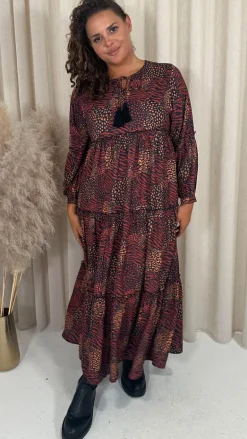 CurveWow Frill Tiered Maxi Dress Rust Mixed Animal