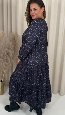 CurveWow Frill Tiered Maxi Dress Black Ditsy