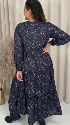 CurveWow Frill Tiered Maxi Dress Black Ditsy