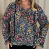 CurveWow Frill V Neck Blouse Black Multi Floral