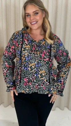 CurveWow Frill V Neck Blouse Black Multi Floral