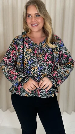 CurveWow Frill V Neck Blouse Black Multi Floral