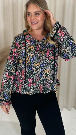 CurveWow Frill V Neck Blouse Black Multi Floral