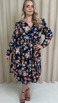 CurveWow Frill Wrap Dress Navy Floral