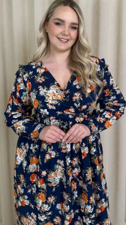 CurveWow Frill Wrap Dress Navy Floral