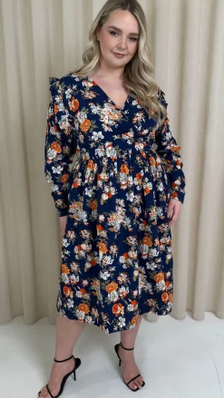 CurveWow Frill Wrap Dress Navy Floral