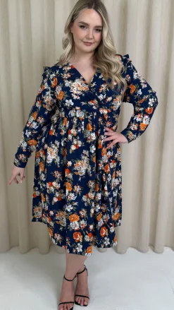 CurveWow Frill Wrap Dress Navy Floral