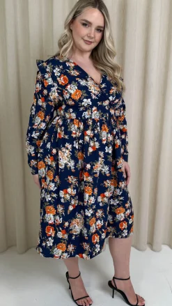 CurveWow Frill Wrap Dress Navy Floral