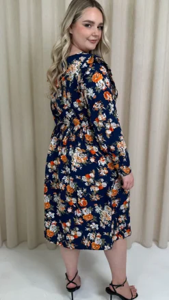 CurveWow Frill Wrap Dress Navy Floral