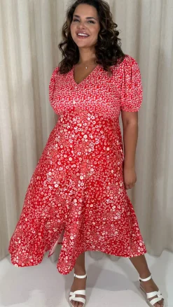 CurveWow Front Button Mix Match Print Midi Dress Red Mix