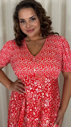 CurveWow Front Button Mix Match Print Midi Dress Red Mix