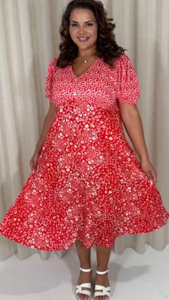 CurveWow Front Button Mix Match Print Midi Dress Red Mix