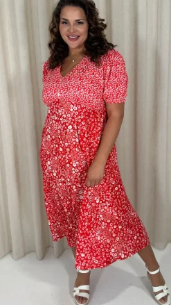 CurveWow Front Button Mix Match Print Midi Dress Red Mix