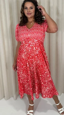 CurveWow Front Button Mix Match Print Midi Dress Red Mix