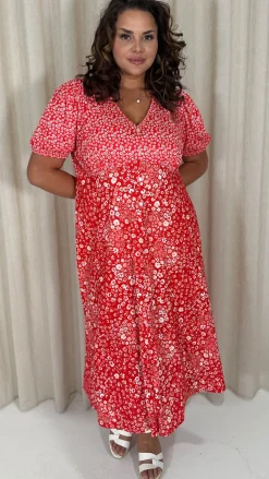 CurveWow Front Button Mix Match Print Midi Dress Red Mix