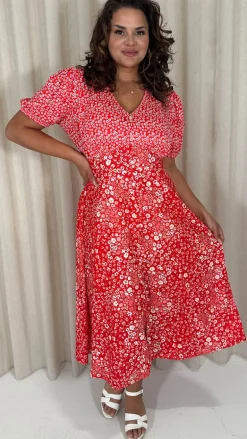 CurveWow Front Button Mix Match Print Midi Dress Red Mix