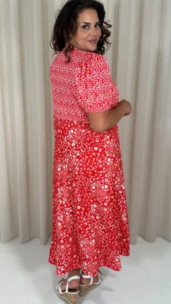 CurveWow Front Button Mix Match Print Midi Dress Red Mix