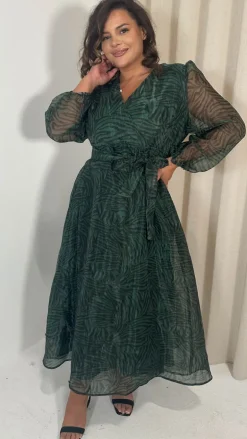 CurveWow Full Organza Printed Wrap Dress Green Zebra