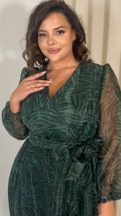 CurveWow Full Organza Printed Wrap Dress Green Zebra