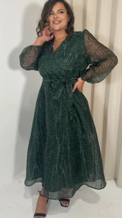 CurveWow Full Organza Printed Wrap Dress Green Zebra