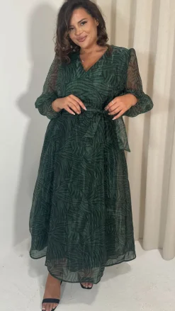 CurveWow Full Organza Printed Wrap Dress Green Zebra