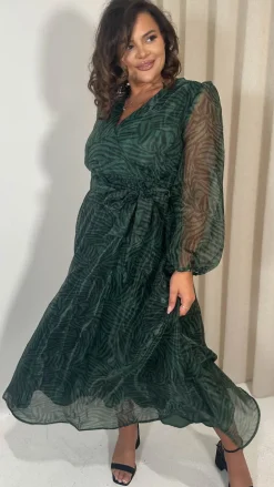 CurveWow Full Organza Printed Wrap Dress Green Zebra