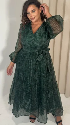CurveWow Full Organza Printed Wrap Dress Green Zebra