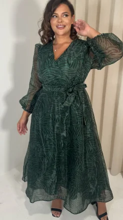 CurveWow Full Organza Printed Wrap Dress Green Zebra