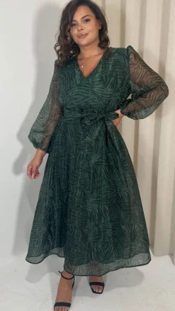 CurveWow Full Organza Printed Wrap Dress Green Zebra
