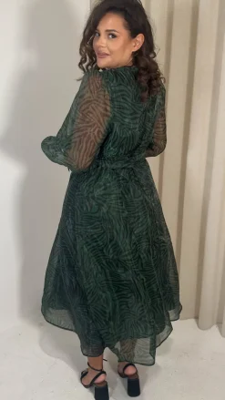 CurveWow Full Organza Printed Wrap Dress Green Zebra