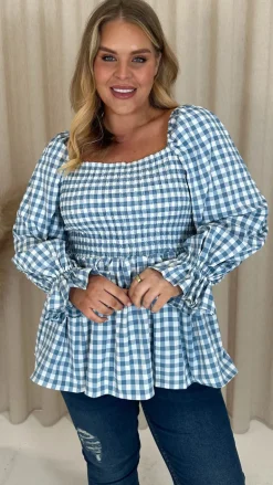 CurveWow Gingham Shirred Top Blue