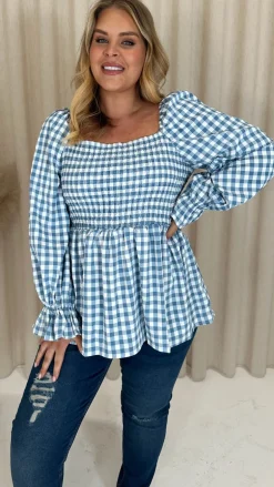 CurveWow Gingham Shirred Top Blue