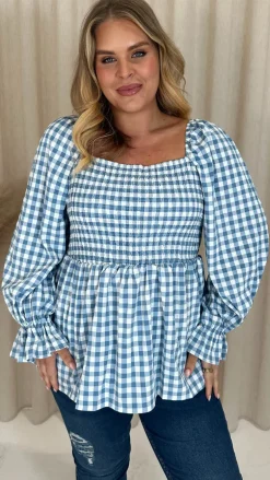 CurveWow Gingham Shirred Top Blue
