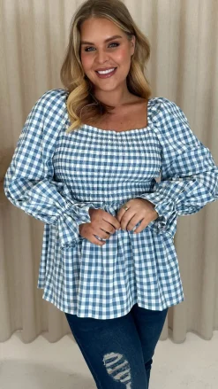 CurveWow Gingham Shirred Top Blue