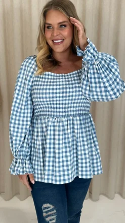 CurveWow Gingham Shirred Top Blue