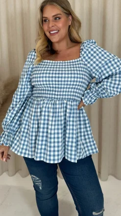 CurveWow Gingham Shirred Top Blue