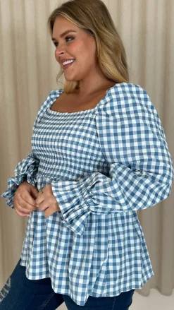 CurveWow Gingham Shirred Top Blue