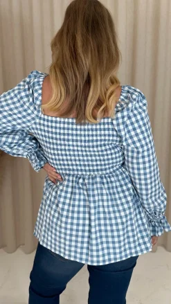 CurveWow Gingham Shirred Top Blue