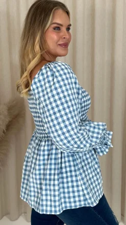 CurveWow Gingham Shirred Top Blue