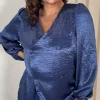 CurveWow Hammered Satin Wrap Blouse Navy
