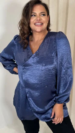 CurveWow Hammered Satin Wrap Blouse Navy