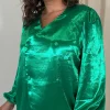 CurveWow Hammered Satin Wrap Blouse Green