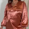 CurveWow Hammered Satin Wrap Blouse Rust