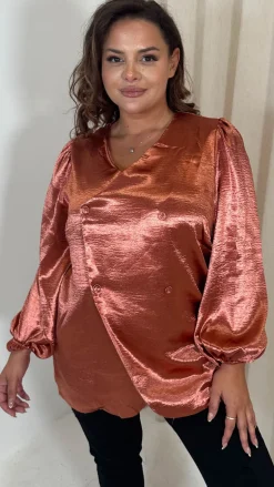 CurveWow Hammered Satin Wrap Blouse Rust