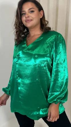 CurveWow Hammered Satin Wrap Blouse Green